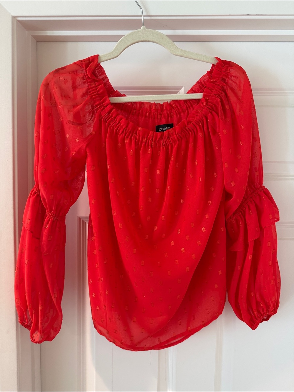 bebe Red Off-Shoulder Blouse with Gold Dot Detail